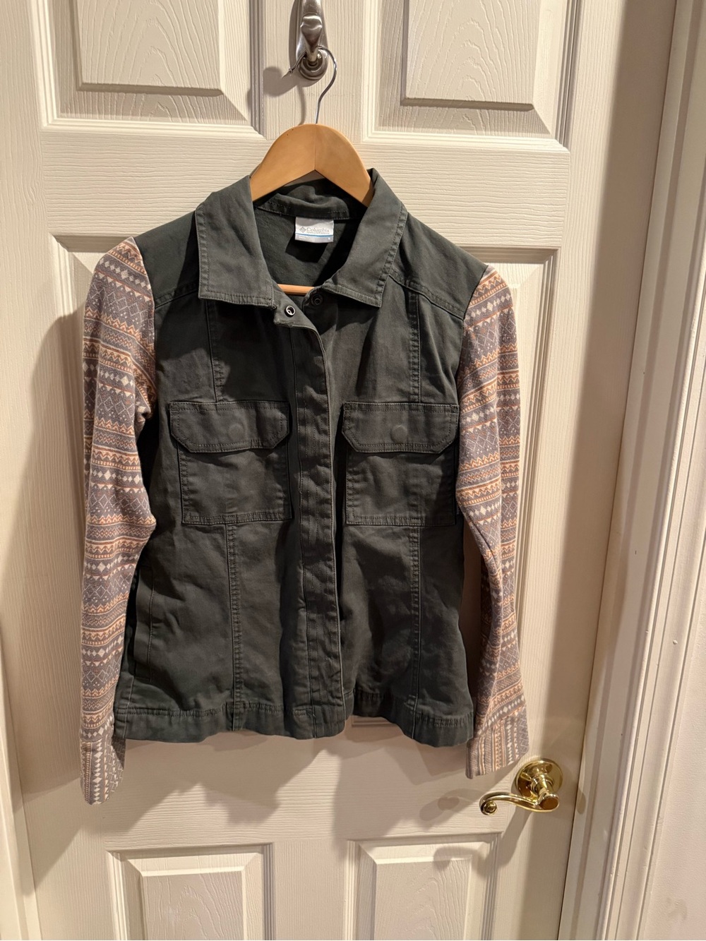 Columbia Safe Green Denim Knit Utility Jacket with Southwestern Aztec print